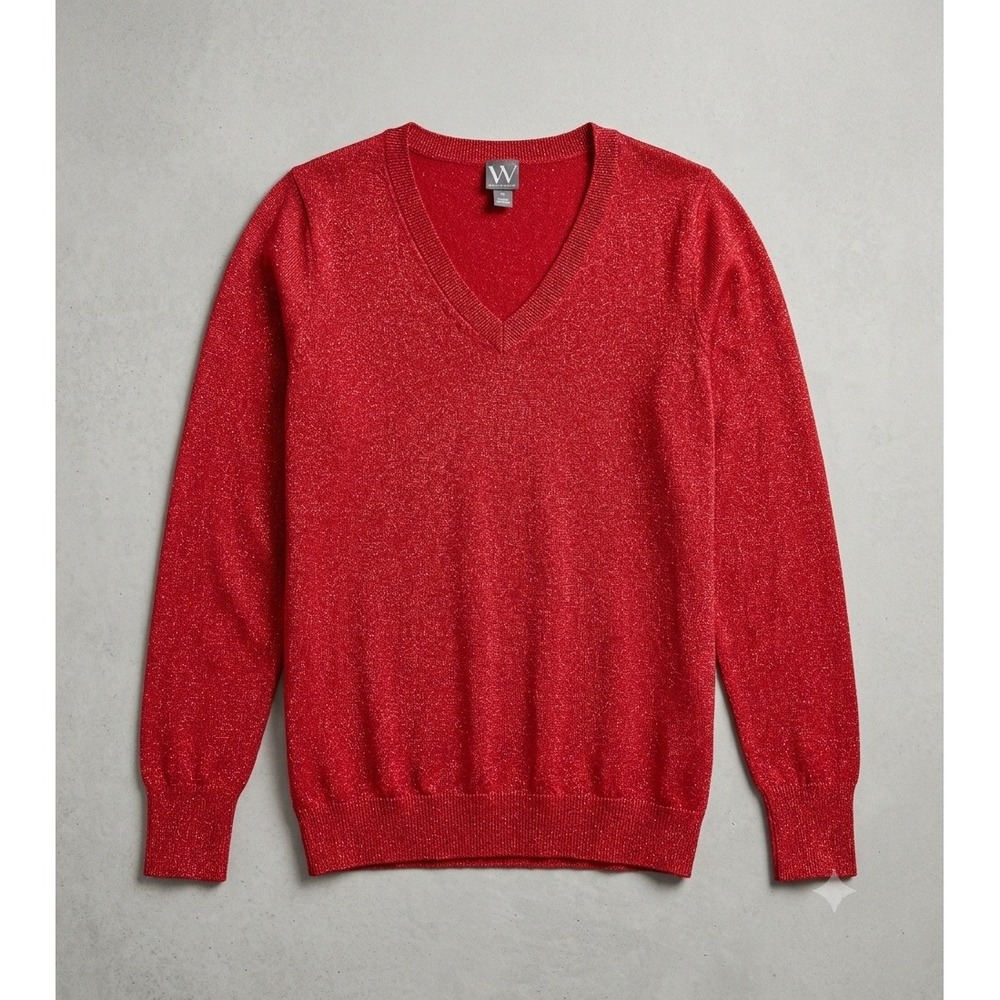 Worthington Womens V-Neck Lurex Shimmer Sweater Goji Berry Red Sparkle Medium
